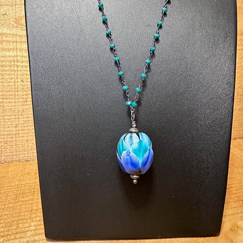 Blue, Teal and Aqua Petal Bead on an oxidized sterling silver chain
