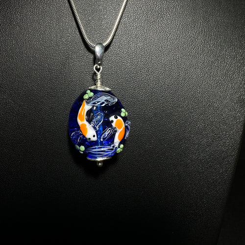 Koi Pond Pendant.  Two Koi Swimming Together on a Blue Background.  Handmade Glass Bead and Sterling Silver Findings. 18