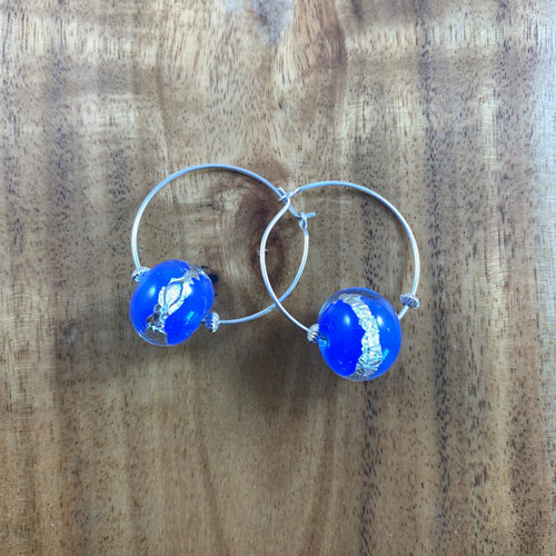 Blue and silver small hoop earrings