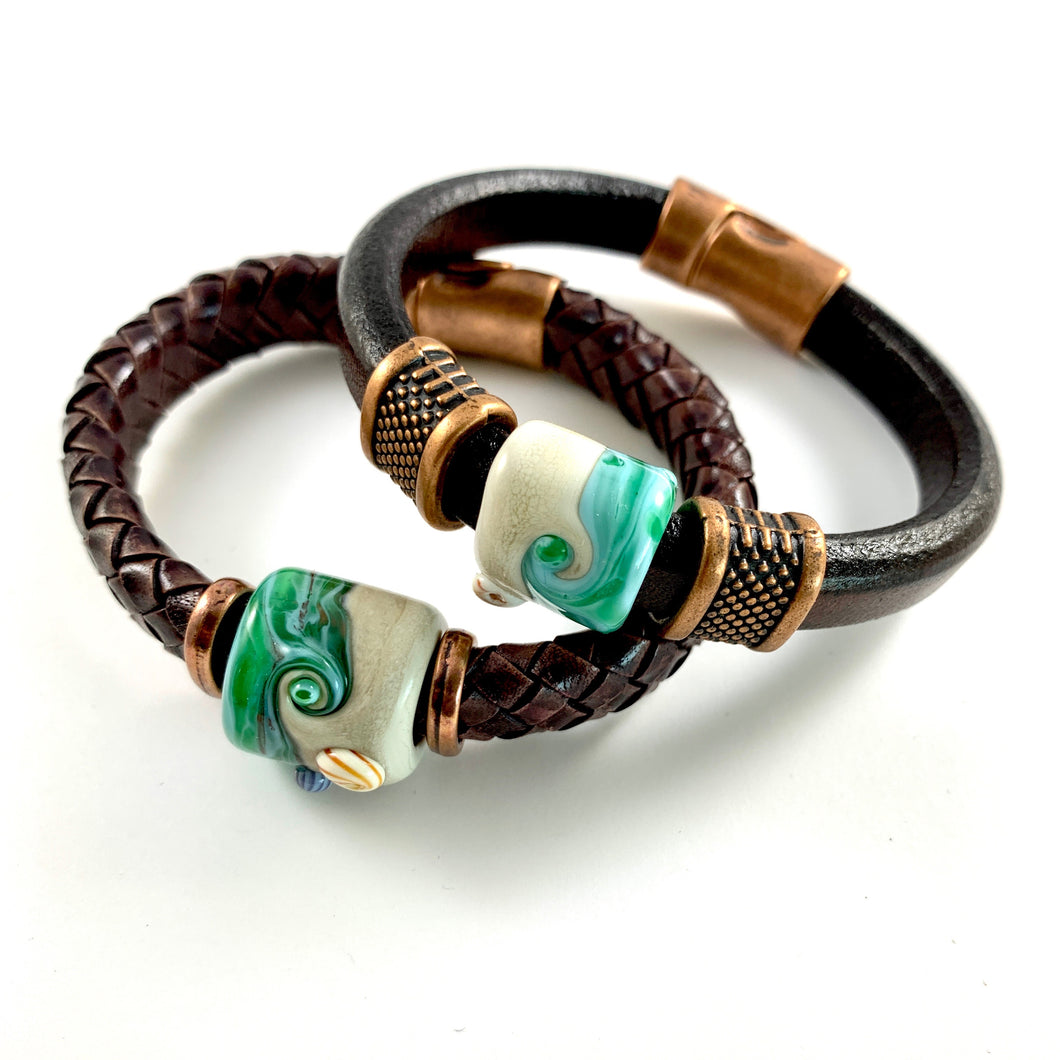 Leather Bracelet  Ocean inspired wave bead on chunky leather bracelet