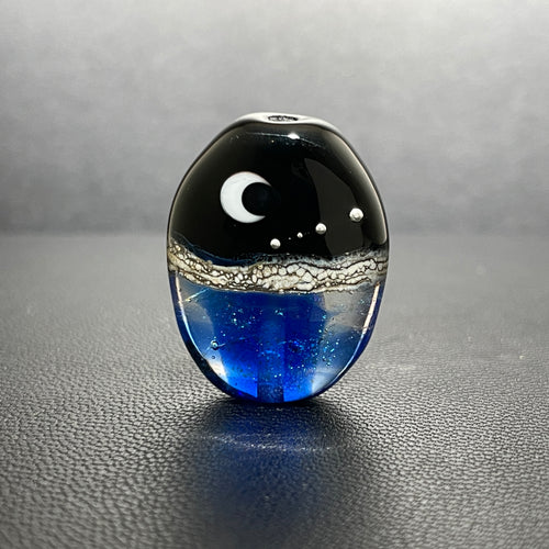 Shimmery Blue Moon Bead, Moon over the ocean, with blue and teal dichroic ocean