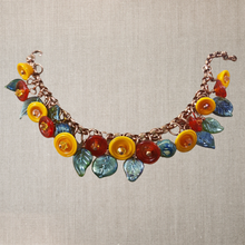 California poppy bracelet. Lampwork glass flowers and leaves. Copper Chain