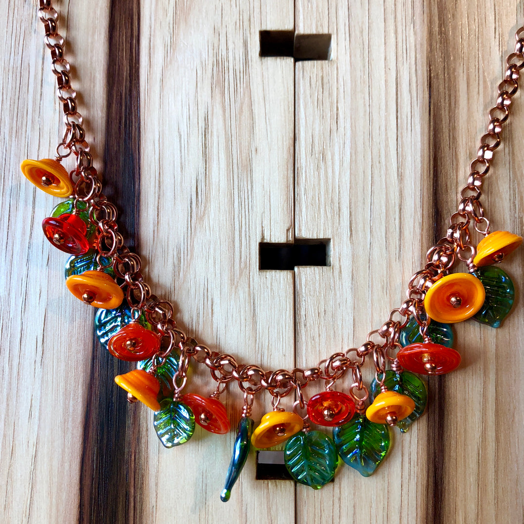 California Poppy Necklace.  Handmade lampwork glass flowers and leaves.