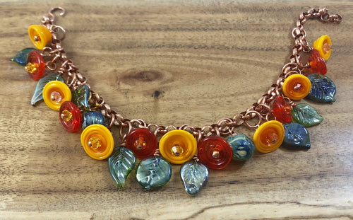 California poppy bracelet. Lampwork glass flowers and leaves. Copper Chain