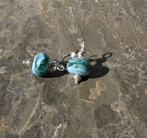 Caribbean Sea Earrings.  Handcrafted glass beads on sterling silver