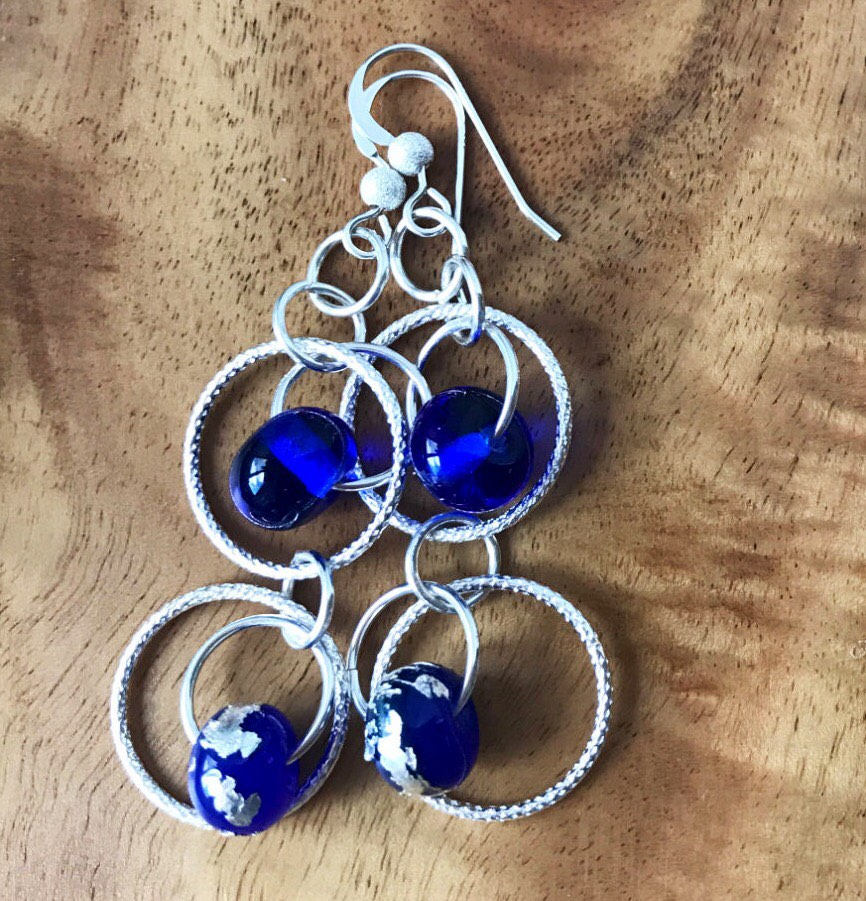 Blue and silver dangle earrings, with sterling silver hoops and blue glass beads casual dressy