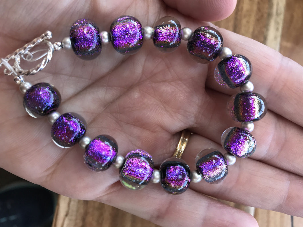 Sparkling pink bracelet, made with small glass beads and sterling