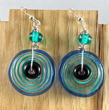 Turquoise, blue and purple dangles.  Earrings with glass disks and beads on Sterling silver.  Lampwork earrings.