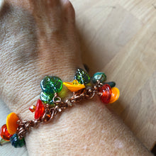 California poppy bracelet. Lampwork glass flowers and leaves. Copper Chain